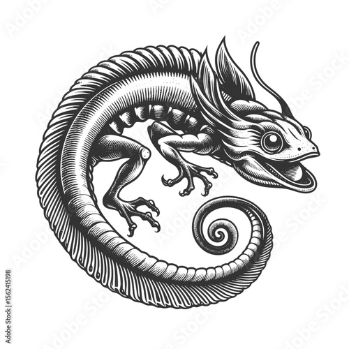fantasy lizard with curled tail sketch engraving generative ai vector illustration. Scratch board imitation. Black and white image.