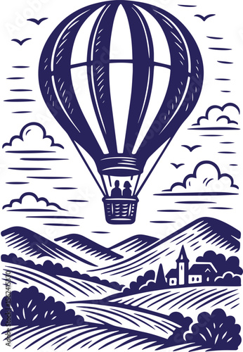 Hot air balloon over countryside in vintage line art style