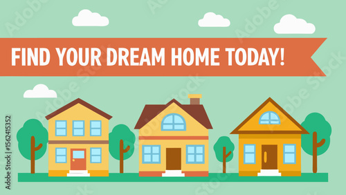 Happy Homeowners: Three Charming Suburban Houses, Flat Design, Cheerful Mood, Ideal for Real Estate, Home Buying, and Property Development Websites, Blogs, and Social Media Marketing.
