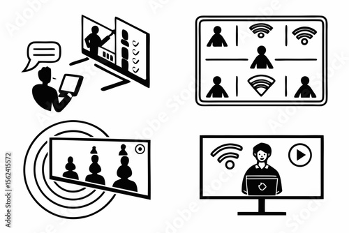 Video conference and online meeting icons isolated on white background