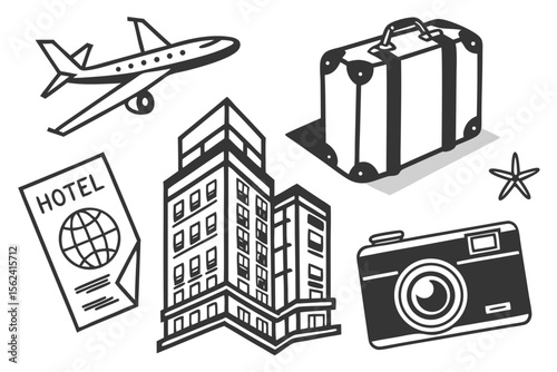 An airplane, luggage, hotel, map, ticket, and camera isolated on white