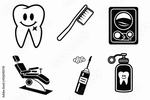 Dental icons including a tooth xray, toothbrush, and chair isolated on white background