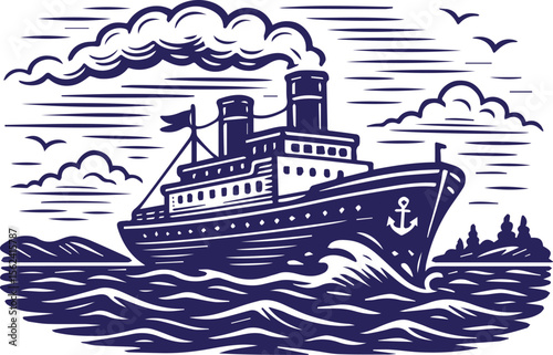 Vintage ocean liner at sea in nautical line art style with waves