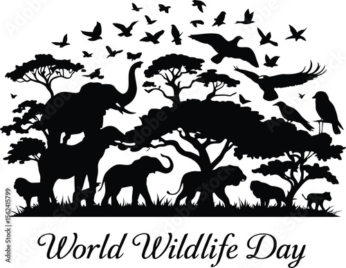World Wildlife Day Emblem Featuring Elephants, Trees, and Birds in Natural Silhouette Scene