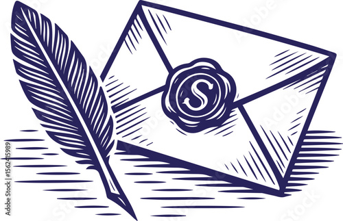 Vintage envelope with wax seal and quill in line art style