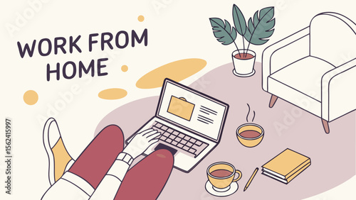 Relaxed Person Working From Home: Cozy Minimalist Illustration Featuring Laptop, Coffee, Books, and Comfortable Chair;  Peaceful and Productive Remote Work Atmosphere.