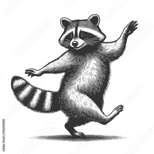 cheerful raccoon dancing, full of charm and playfulness sketch engraving generative ai vector illustration. Scratch board imitation. Black and white image.