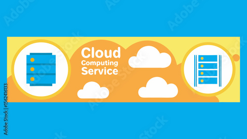 Cloud Computing Service:  Modern Flat Design Illustration Featuring Servers and Clouds, Bright Yellow and Blue Color Palette, Upbeat and Positive Mood, Ideal for Technology and Business Concepts.
