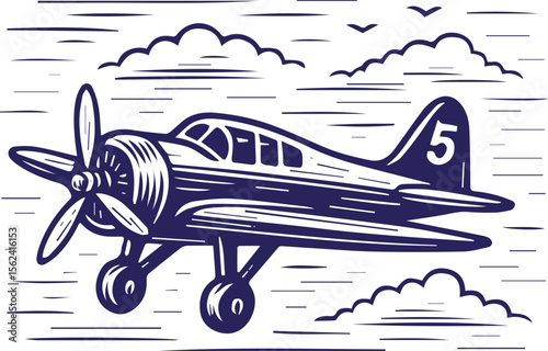 Vintage airplane in flight in retro line art style with clouds