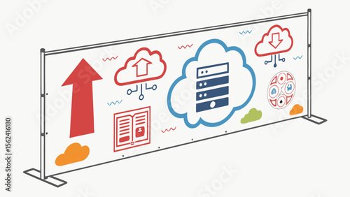 Modern Data Storage and Cloud Computing: Upward Trending Banner with Server, Cloud Icons, and Data Transfer Symbols;  Illustrative, Informative, and Upbeat Design.