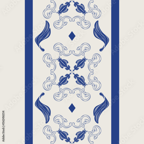 Royal Blue Luxury Motif Hand Drawn Ceramic Design Oriental Heavenly Wings Feather Inspired Seamless Border Lace Pattern. Elegant Monotone Fleur de lis Baroque Style for Tiles Mosaic Fabrics Textiles 