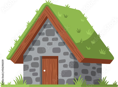 Stone Cottage with Grass Roof Sustainable Eco Friendly Design Vector Illustration 