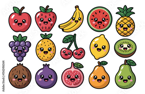 Collection of cute kawaii fruits with happy faces and big eyes