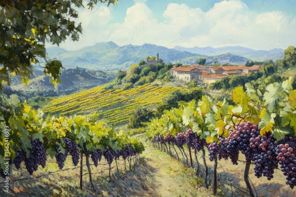 Naklejka premium Fresh grapes ripening in a traditional vineyard during a sunny day in the countryside, Fresh grapes ripening in traditional vineyard