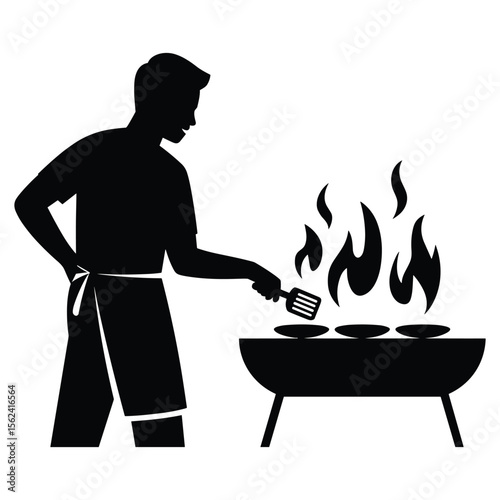 Man wearing apron grilling food on barbecue with flames silhouette