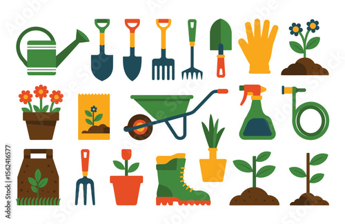 Collection of colorful flat design gardening tools and plants on white background