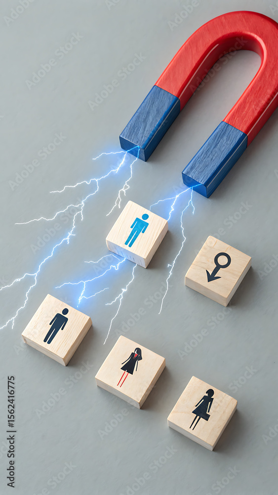 Fototapeta premium Red and Blue Horseshoe Magnet Attracting Wooden Blocks with Male and Female Figures and Gender Symbols Lightning Bolts on Grey Background