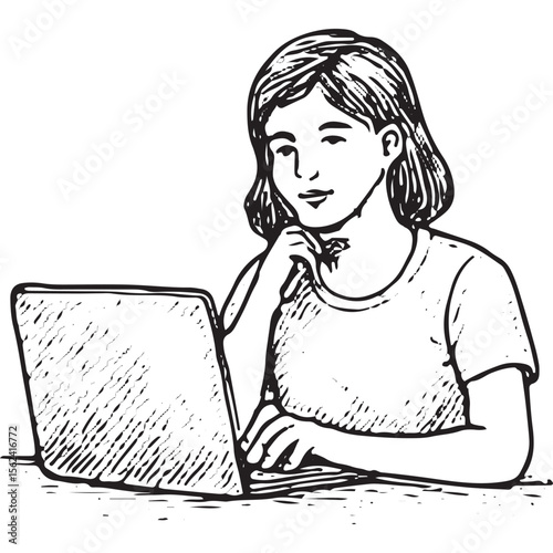 Black and white sketch of a girl studying on laptop, ideal for educational and tech-themed designs