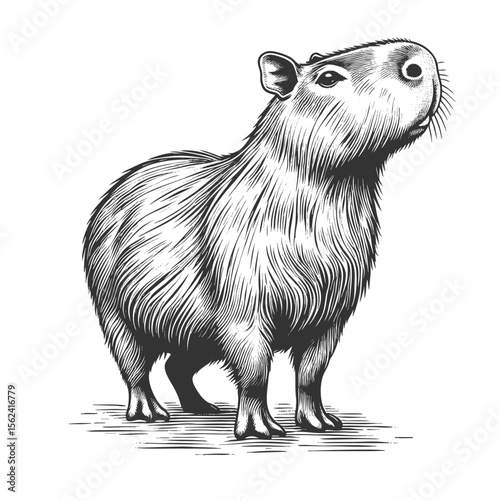 Capybara sketch engraving generative ai fictional character vector illustration. Scratch board imitation. Black and white image.