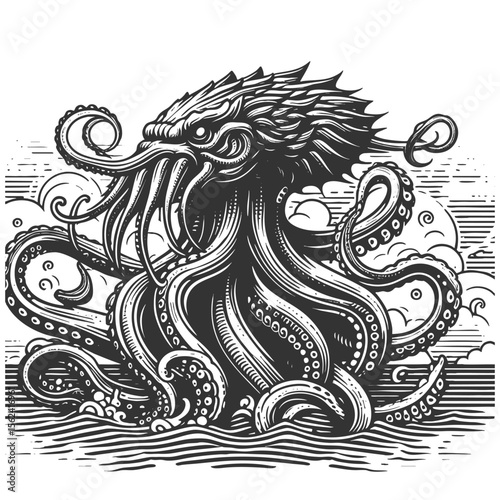 mythological kraken or octopus with twisting tentacles and a fierce expression sketch engraving generative ai vector illustration. Scratch board imitation. Black and white image.