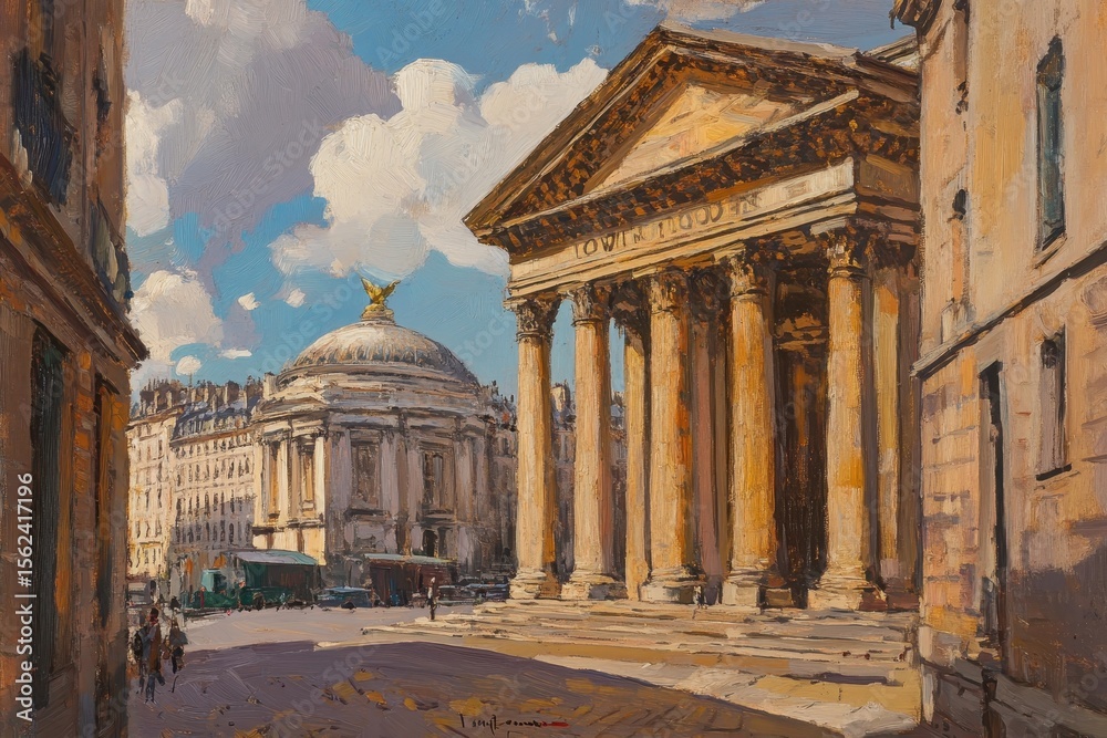 Obraz premium Beautiful Paris street view showcasing the Pantheon with sunlit architecture and vibrant sky, Paris street overlooking the Pantheon, Europe