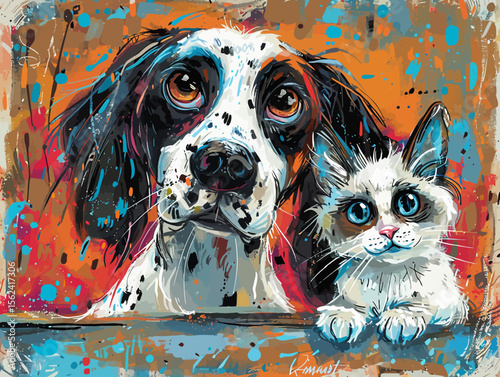 Dog and cat cuddling in watercolor style