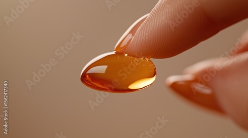 Wallpaper Mural Woman's finger holding amber gel capsule against beige Torontodigital.ca