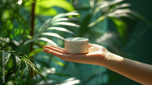 Wallpaper Mural Woman's hand holding cream jar, lush foliage background, beauty product display Torontodigital.ca