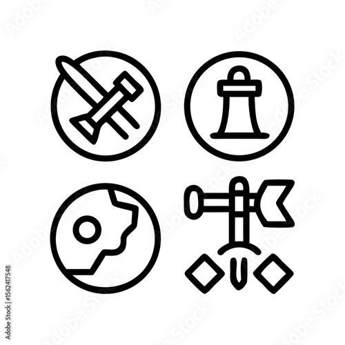 Collection of outline icons featuring sword, lighthouse, earth, and medieval weapon designs set in circles