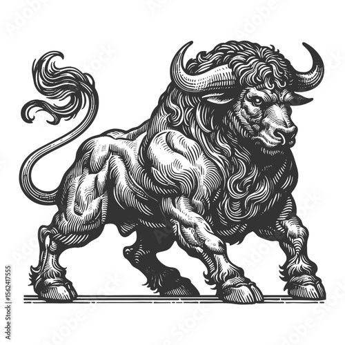 Powerful Bull sketch engraving generative ai fictional character vector illustration. Scratch board imitation. Black and white image.