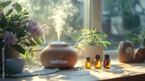 Wallpaper Mural Wooden diffuser steaming near window, plants, oils Torontodigital.ca