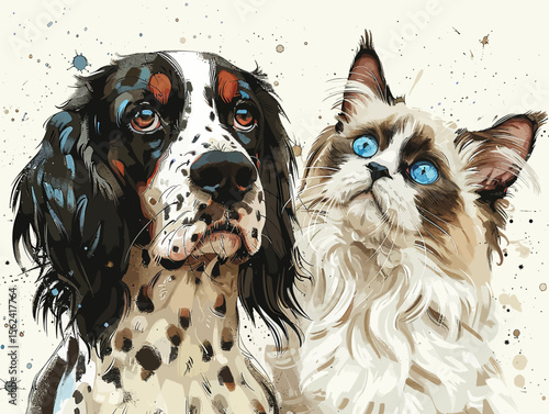 Dog and cat cuddling in watercolor style