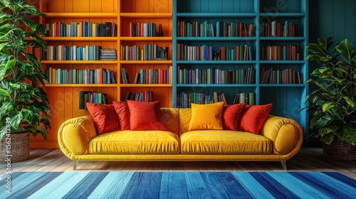 Wallpaper Mural Yellow sofa, colorful bookshelves, reading room, home interior design Torontodigital.ca