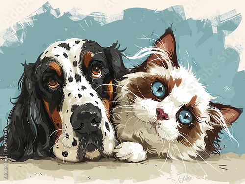 Dog and cat cuddling in watercolor style