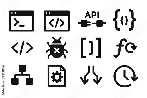 12 black IT coding icons. Solid vector for scripting, programming, and automation.