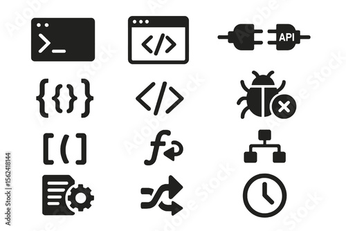 Black set of 12 dev icons. Minimal vector for software, scripts, and code systems.