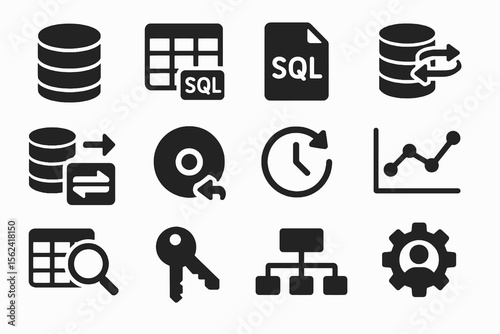 12 black IT database icons. Solid vector for SQL, storage, and data management.