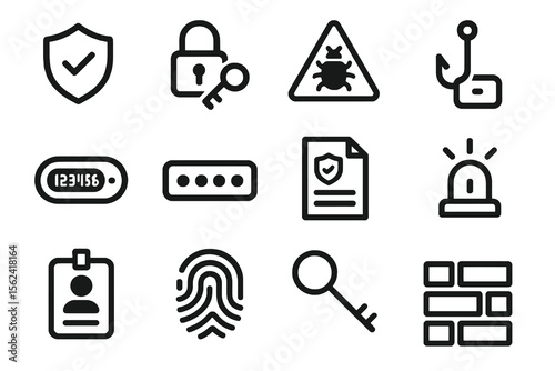Black set of 12 data icons. Minimal vector for analytics, admin, and backup.

