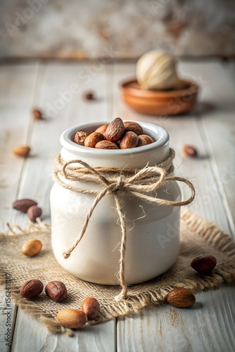 A white jar filled with almonds is tied with twine and sits on a rustic wooden table with scattered almonds around it