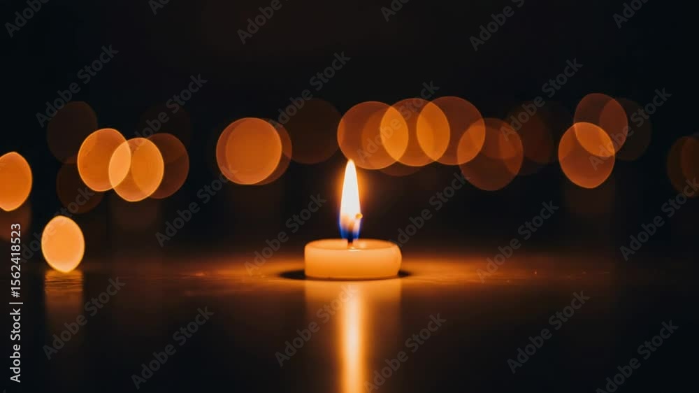 Single candle burning brightly on dark surface, bokeh city lights background; meditation, hope