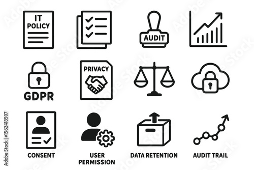Black set of 12 governance icons. Minimal vector for legal, privacy, and management.