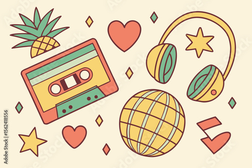 Colorful Retro Vintage Music Icons Cassette Tape, Headphones, Disco Ball