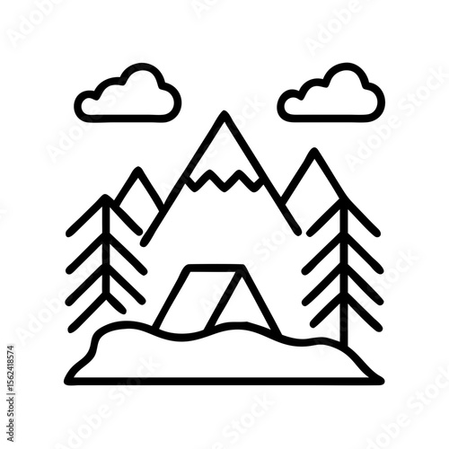 Camping in the mountains with tent and trees outline vector illustration for outdoor adventure trip