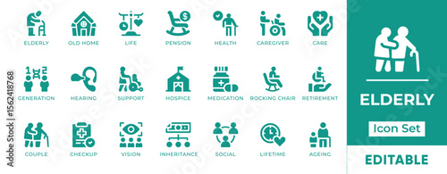 Elderly Icon Set. Features icons of senior care, nursing, walking aids, retirement, health monitoring, and support. Perfect for healthcare, caregiving, and social services.