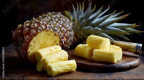 Pineapple still life featuring sliced fruit on a wooden board with a knife nearby