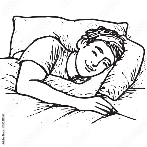 Black and white sketch of a boy sleeping in bed, great for relaxation and student life designs
