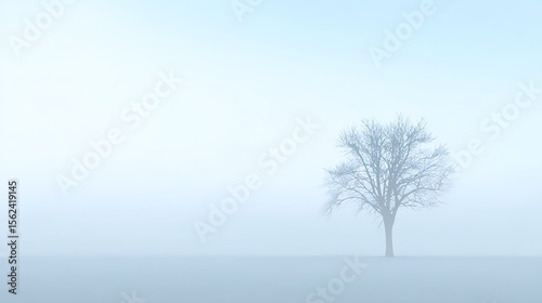 A lone tree stands in a vast, foggy, snow-covered landscape, evoking a serene and minimalist winter scene.