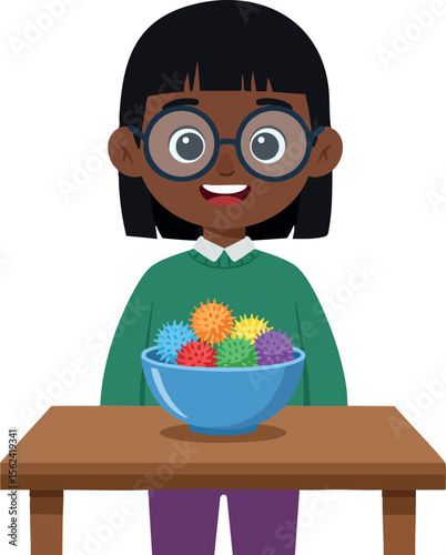 Girl with colorful spiky balls smiling behind wooden table in green sweater vector illustration 