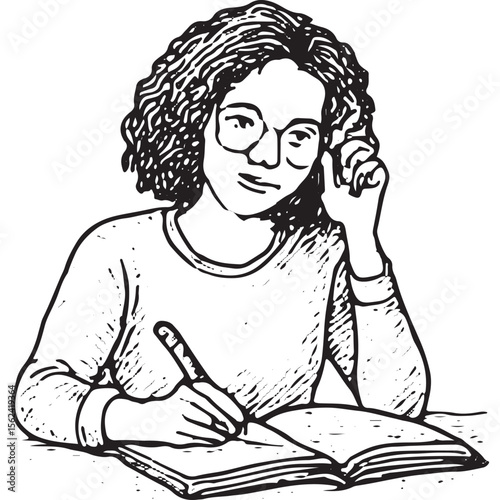 Black and white sketch of a girl writing notes, perfect for study and academic designs