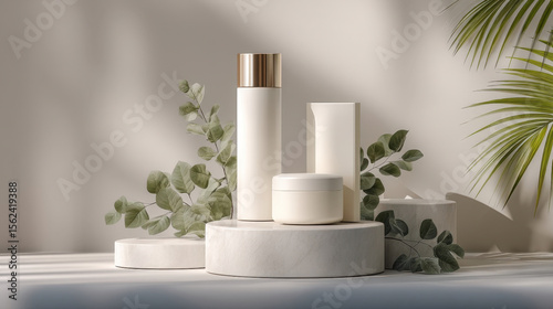 Wallpaper Mural White stone podiums with natural light and soft shadows in minimalist skincare setting Torontodigital.ca